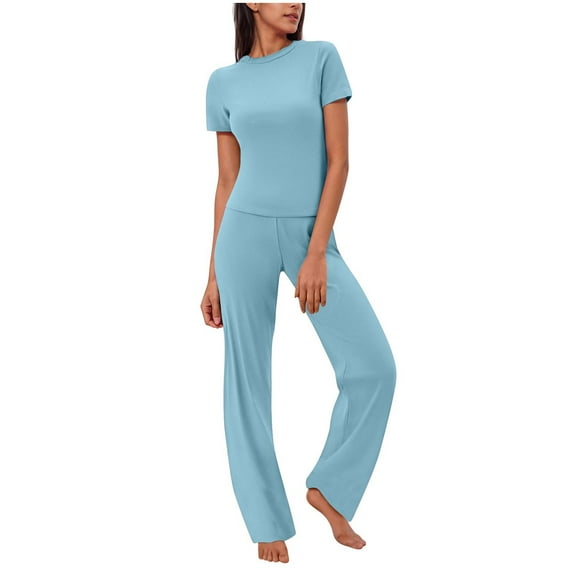 Kaemgyyd Women's 2 Piece Outfits Tracksuit Sets Casual Crew Neck Short Sleeve Slim Tops with Wide Leg Pants Lounge Sets