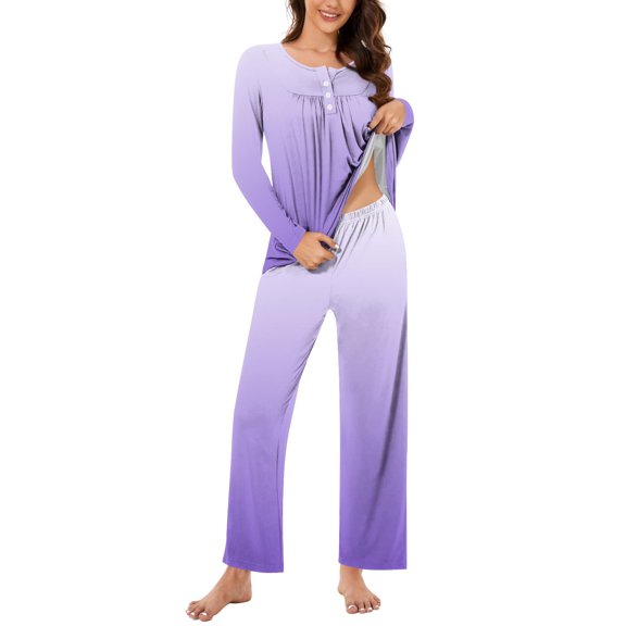 Kaemgyyd Women's 2 Piece Pajama Outfits Gradient Button Pleated Sleepwear and Soft Cozy Pants Comfy Loungewear