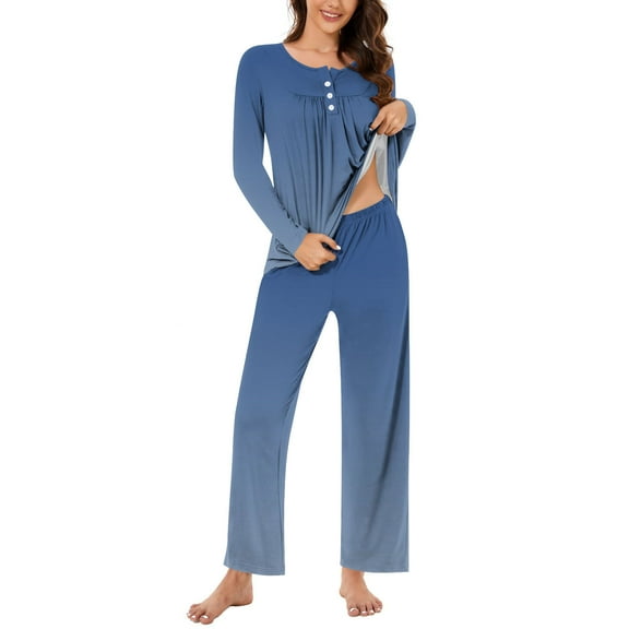 Kaemgyyd Women's 2 Piece Pajama Outfits Gradient Button Pleated Sleepwear and Soft Cozy Pants Comfy Loungewear