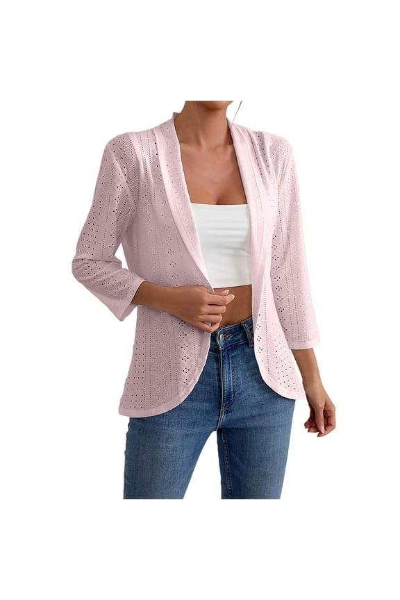 Women's 3/4 Sleeve Cardigan Open Front Elegant Cardigan Eyelet Embroidered Lightweight Coat Fashion Hollow out Work Tops