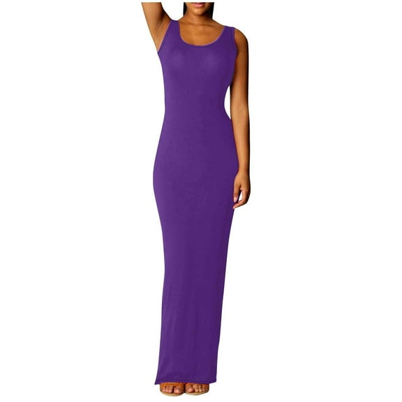 Kaemgyyd Women's Bodycon Maxi Dresses Solid Color Tank Long Dresses Elegant Crew Neck Slim Sleeveless Party Dress