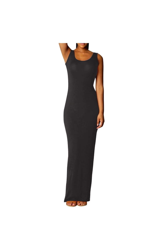 Women's Bodycon Maxi Dresses Solid Color Tank Long Dresses Elegant Crew Neck Slim Sleeveless Party Dress