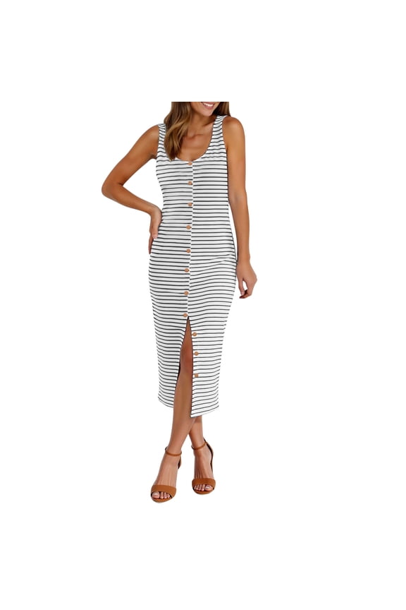 Women's Bodycon Tank Dress Basic Sleeveless Front Slit Causal Dresses Party Club Beach Sundresses with Button