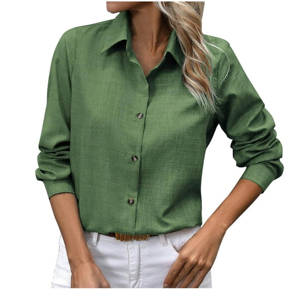 Kaemgyyd Women's Button down Shirts Classic Linen Work Office Blouse Casual Loose Business Long Sleeve Tunic Tops