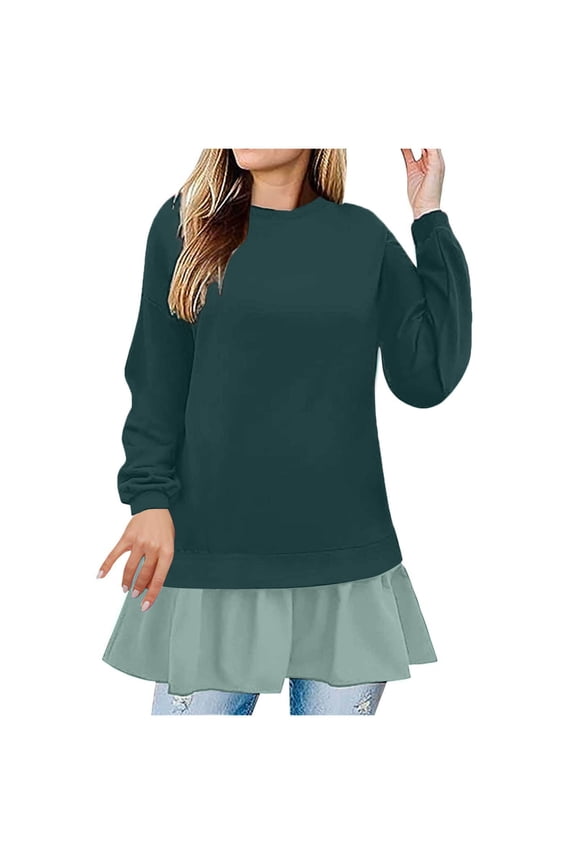 Women's Casual Crew Neck Pullover Lightweight Trendy Long Sleeve Ruffled Sweatshirt Mini Dresses