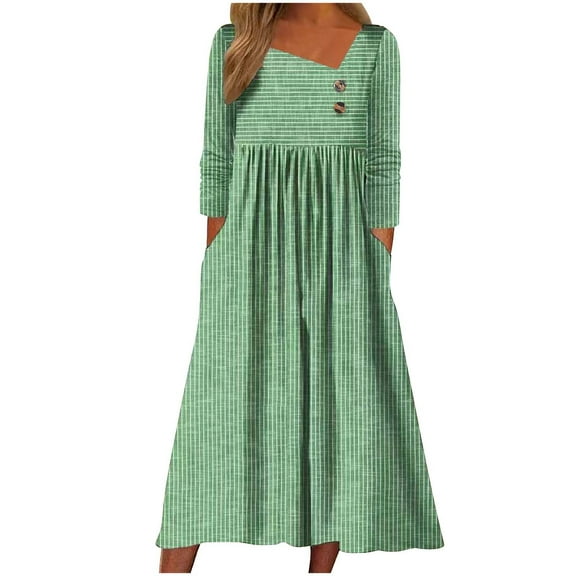 Kaemgyyd Women's Casual Dress with Pockets Loose Long Sleeve A-Line Maxi Dresses Flowy Stripe Pleated Fall Clothing