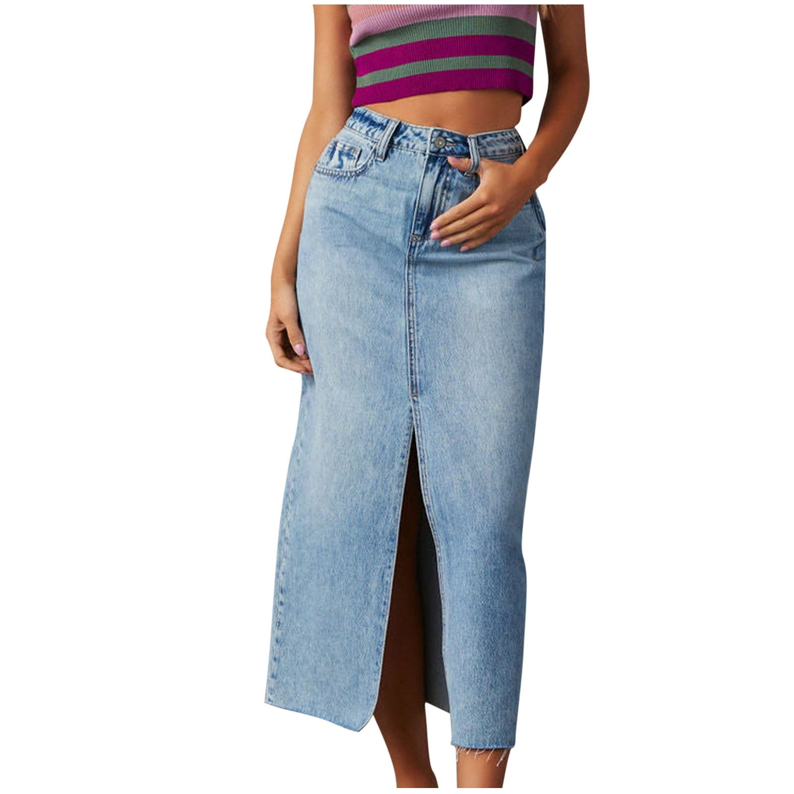 【NONCODE】Kaoree Waist Cutting Denim Skirt Kaemgyyd Women's Casual Jean Skirt High Waist Slit Stretch