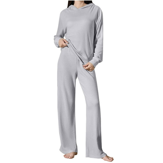 Kaemgyyd Women's Casual Pajama Set Solid Color Hooded Long Sleeve Pullover and Wide Leg Pants 2 Piece Outfit Pj Loungewear