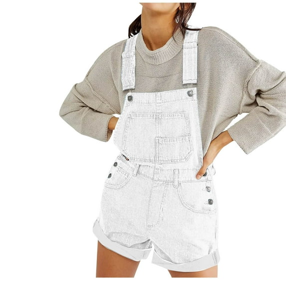 Kaemgyyd Women's Casual Romper Stylish Adjustable Strap Cuffed Hem Denim Bib Overalls Vintage Button Pockets Jeans Shorts Jumpsuit