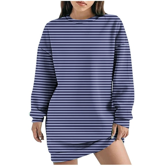 Kaemgyyd Women's Casual Sweatshirt Dress Crew Neck Long Sleeve Mini Pullover Dress Fashion Loose Stripe Dresses