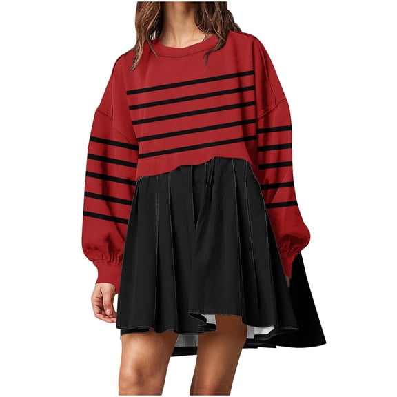 Kaemgyyd Women's Casual Sweatshirt Dress Fashion Stripe Long Sleeve Patchwork Pullover Dress Fall Trendy Pleated Mini Dresses
