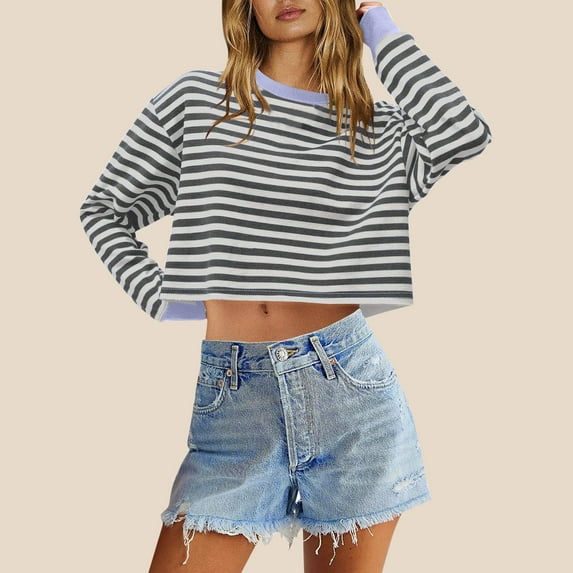 Kaemgyyd Women's Casual Sweatshirts Loose Long Sleeve Striped Cropped Pullover Lightweight Top Fall Trendy Clothing