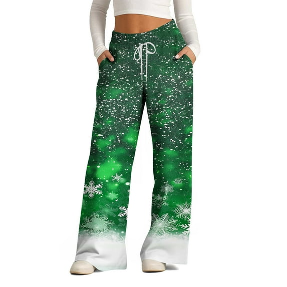 Kaemgyyd Women's Christmas Sweatpants Trendy Wide Leg Drawstring Baggy Pants Casual Loose Printing Pants with Pockets