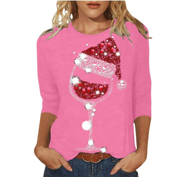 Kaemgyyd Women's Christmas Tops Casual Loose Crew Neck 3/4 Sleeve Shirts Lightweight Color Block Basic Tee