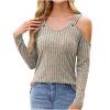 Kaemgyyd Women's Cold Shoulder Tops Spring Clothes Long Sleeve V Neck Casual Shirts Ribbed Knit Solid Tunic Blouse