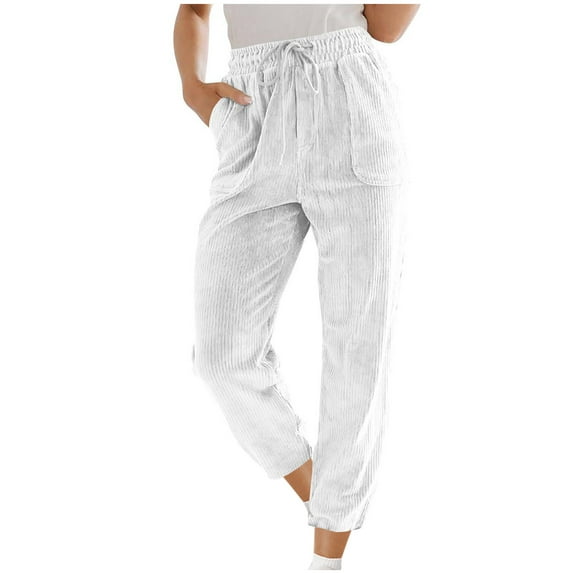 Kaemgyyd Women's Corduroy Pants Casual Elastic High Waist Drawstring Sweatpants Vintage Fall Straight Leg Trousers with Pockets