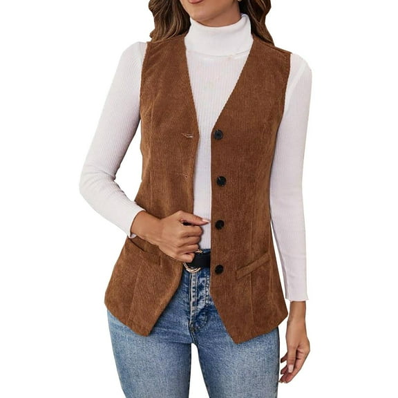 Kaemgyyd Women's Corduroy Vest Winter Warm Fashion Button Down Sleeveless Jackets Business Casual Dressy Work Office Outerwear