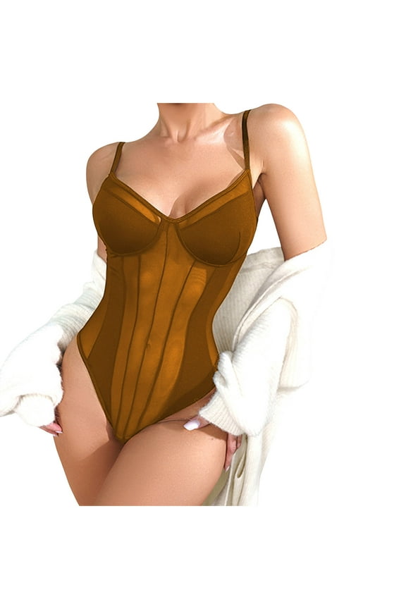 Women's Corset Bodysuit with Built in Bra Sleeveless Adjustable Spaghetti Romper See Through Going out Slim Mesh Shapewear