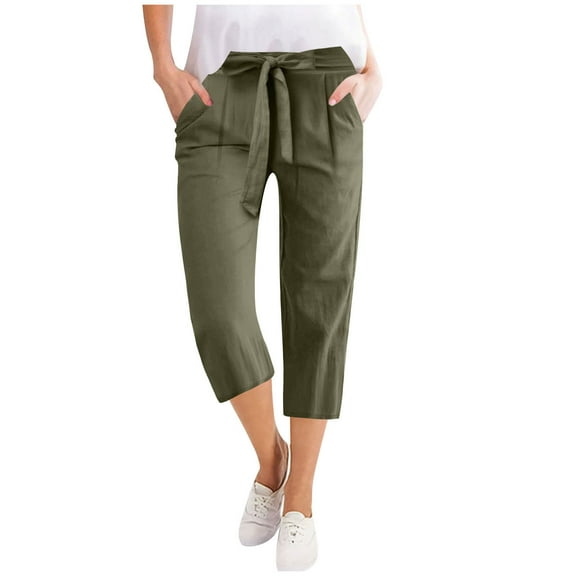 Kaemgyyd Women's Cotton Linen Capri Pants Lightweight Cropped Wide Leg Trousers Trendy Tie up Side Zipper Pants with Pockets