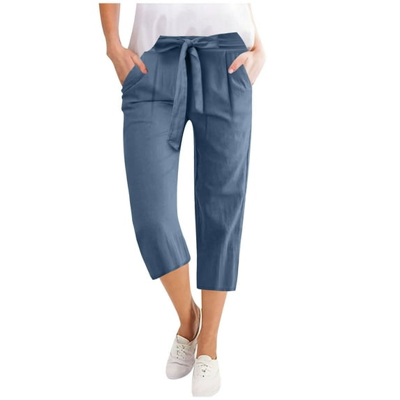 Kaemgyyd Women's Cotton Linen Capri Pants Lightweight Cropped Wide Leg Trousers Trendy Tie up Side Zipper Pants with Pockets