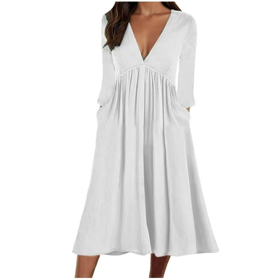 Kaemgyyd Women's Cotton Linen Dress 3/4 Sleeve V Neck Casual Pleated Dress Loose Beach Dress with Pockets Fall