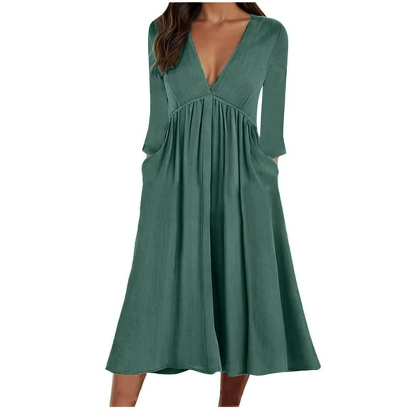 Kaemgyyd Women's Cotton Linen Dress 3/4 Sleeve V Neck Casual Pleated Dress Loose Beach Dress with Pockets Fall