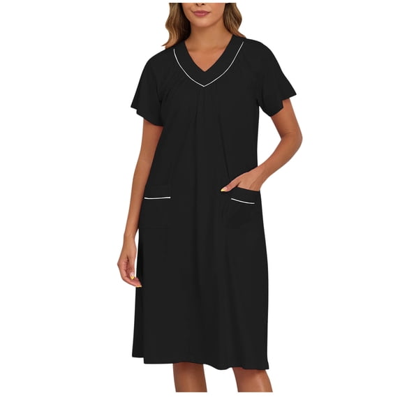 Kaemgyyd Women's Cotton Nightgown Plus Size Sleepwear Lounge Short Sleeves Sleep Shirts Loose V Neck Sleep Dress with Pockets