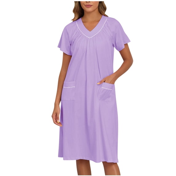 Kaemgyyd Women's Cotton Nightgown Plus Size Sleepwear Lounge Short Sleeves Sleep Shirts Loose V Neck Sleep Dress with Pockets