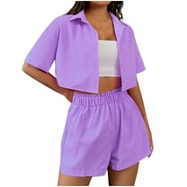 Kaemgyyd Women's Cotton Shorts Sets 2 Piece Outfit Button down Cropped Shirt and Shorts Sweatsuit Set Vacation Beach Outfits
