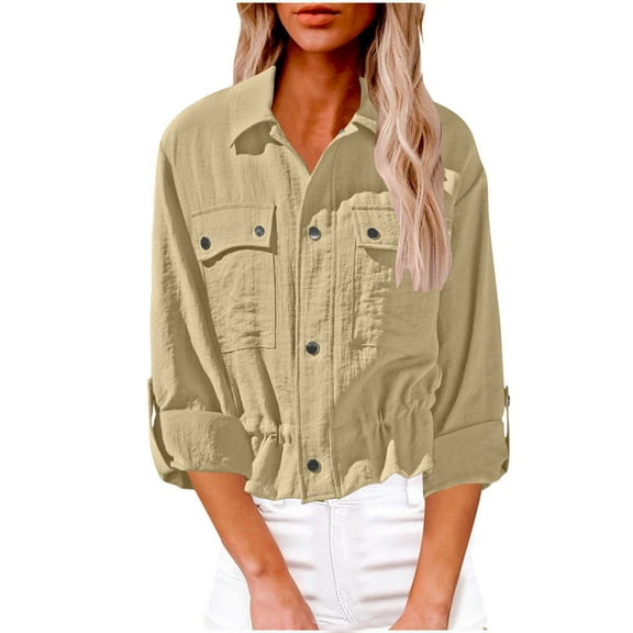 Kaemgyyd Women's Cropped Shacket Jacket Fall Fashion Button Down Shirt Jackets Casual Windproof Long Sleeve Warm Coat Tops