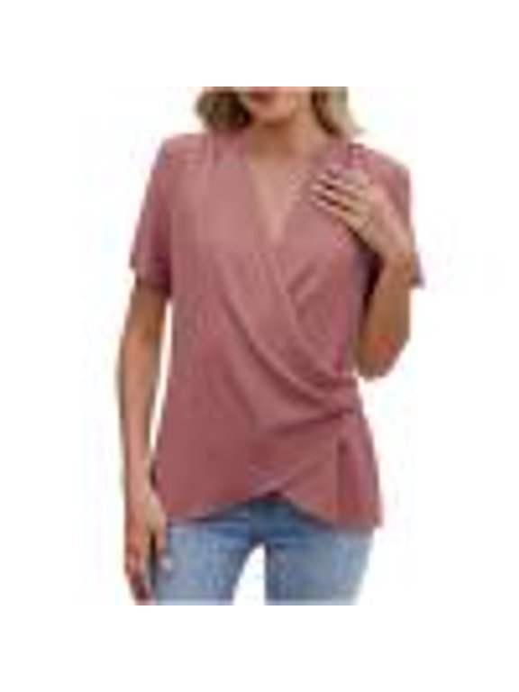 Women's Cross Wrap Tops Summer Deep V Neck T Shirts Casual Loose Ruched Ruffle Short Sleeve Blouses