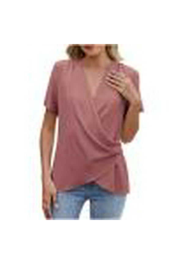 Women's Cross Wrap Tops Summer Deep V Neck T Shirts Casual Loose Ruched Ruffle Short Sleeve Blouses