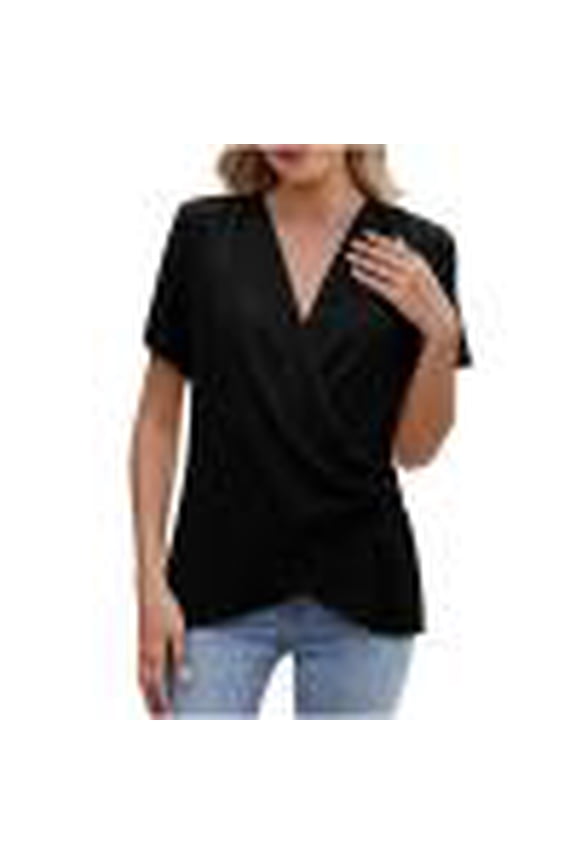Women's Cross Wrap Tops Summer Deep V Neck T Shirts Casual Loose Ruched Ruffle Short Sleeve Blouses