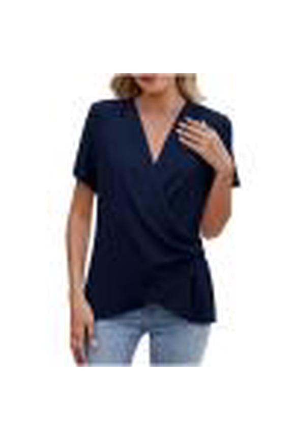 Women's Cross Wrap Tops Summer Deep V Neck T Shirts Casual Loose Ruched Ruffle Short Sleeve Blouses