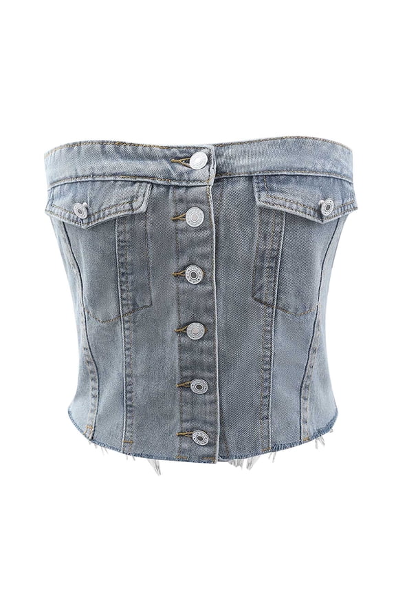 Women's Denim Corset Top Strapless Button Front Crop Bandeau Jean Tops Fashion Summer Casual Going out Clothes