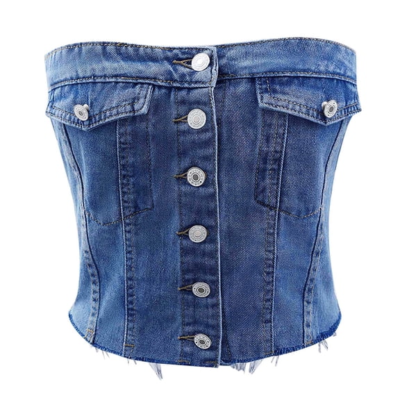 Kaemgyyd Women's Denim Corset Top Strapless Button Front Crop Bandeau Jean Tops Fashion Summer Casual Going out Clothes