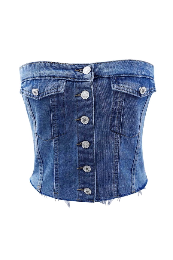Women's Denim Corset Top Strapless Button Front Crop Bandeau Jean Tops Fashion Summer Casual Going out Clothes