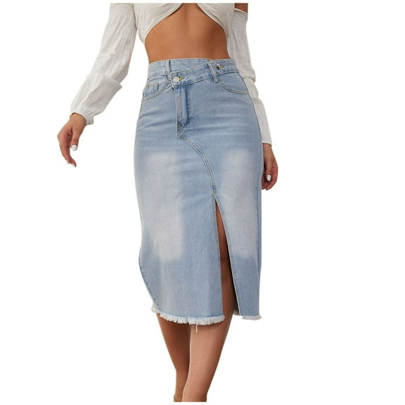Kaemgyyd Women's Denim Midi Skirt Vintage Casual High Waist Front Slit Button Jean Skirts with Pockets