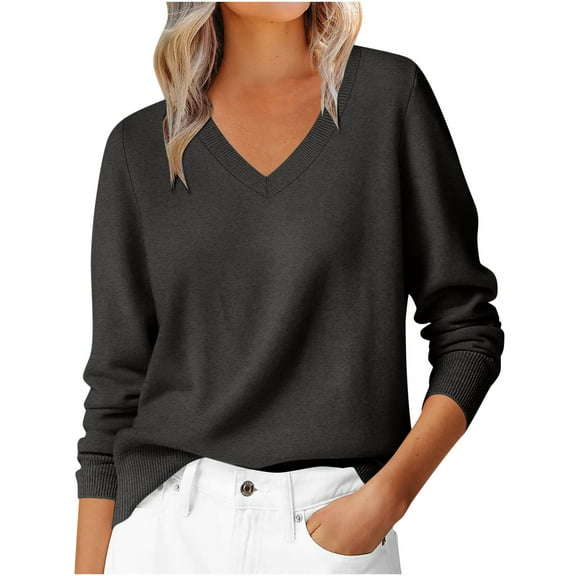 Kaemgyyd Women's Fall Sweater Soft Comfy Long Sleeve Knit Tops Classic V Neck Trendy Outfits Casual Solid Color Pullover