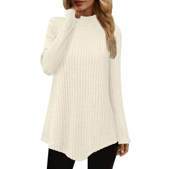 Kaemgyyd Women's Fall Sweaters Lightweight Warm Ribbed Knit Casual Outfits Fitted Mock Neck Asymmetry Hem Tunic Tops