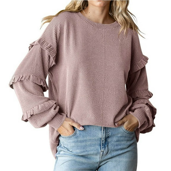 Kaemgyyd Women's Fall Winter Pullover Casual Crewneck Loose Knit Tops Oversized Solid Color Long Lantern Sleeves Blouse