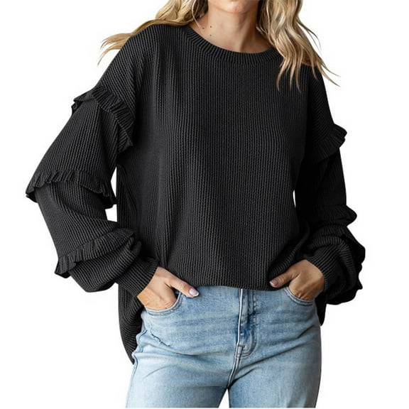 Kaemgyyd Women's Fall Winter Pullover Casual Crewneck Loose Knit Tops Oversized Solid Color Long Lantern Sleeves Blouse