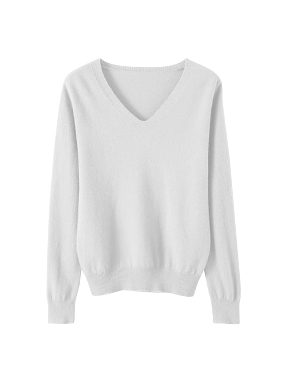 Women's Fall Winter Sweaters V Neck Knit Pullover Tops Basic Layering Winter Clothing(White,X-Small)