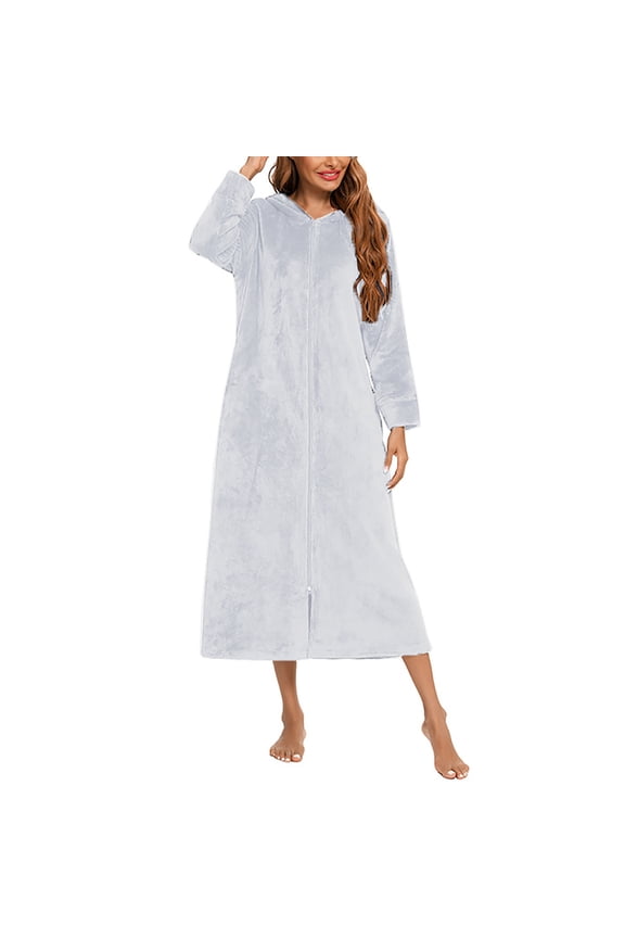 Women's Fleece Bathrobe Fuzzy Zipper Sleepwear Nightgowns Sherpa Linedd Long Sleeve Hooded Robes Fall Winter Housecoat