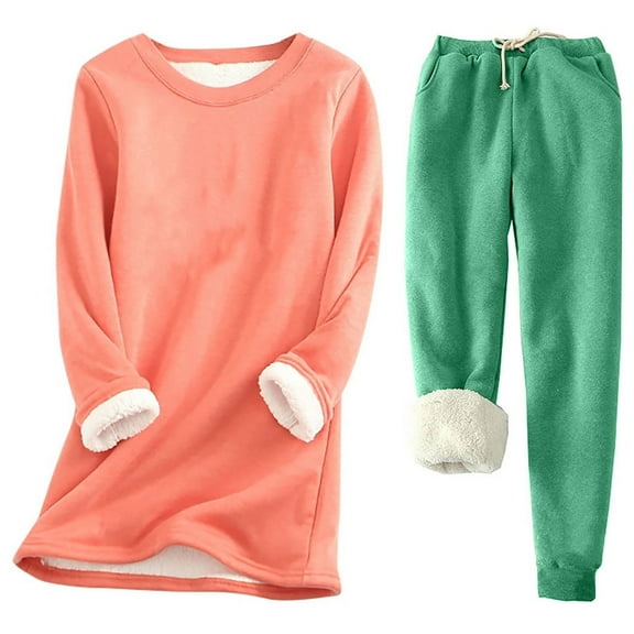 Kaemgyyd Women's Fleece Lined Pajamas Set 2 Piece Plus Size Sweatsuit Outfit Long Sleeve Crewneck Pullover with Jogger Lounge Set