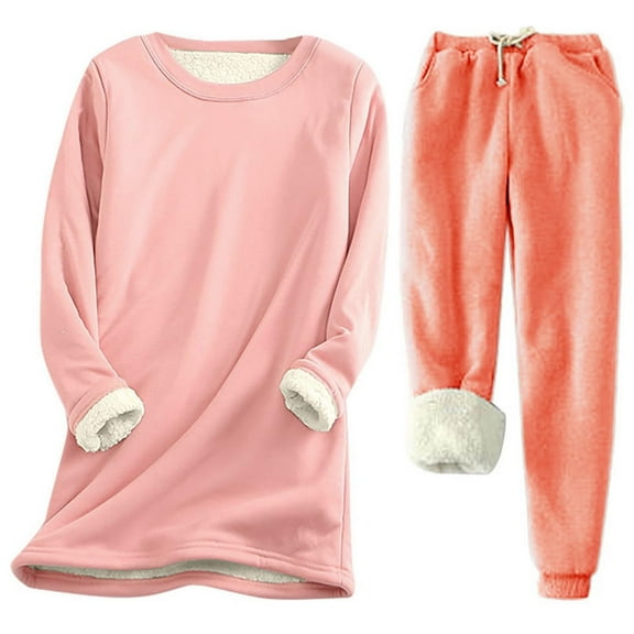 Kaemgyyd Women's Fleece Lined Pajamas Set 2 Piece Plus Size Sweatsuit Outfit Long Sleeve Crewneck Pullover with Jogger Lounge Set