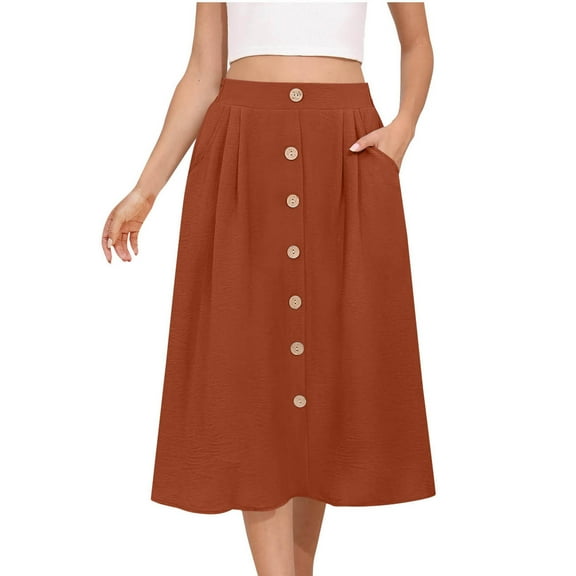 Kaemgyyd Women's Flowy Midi Skirt Summer Cute Solid Color Pleated High Waisted Casual Button Front Skirts with Pockets