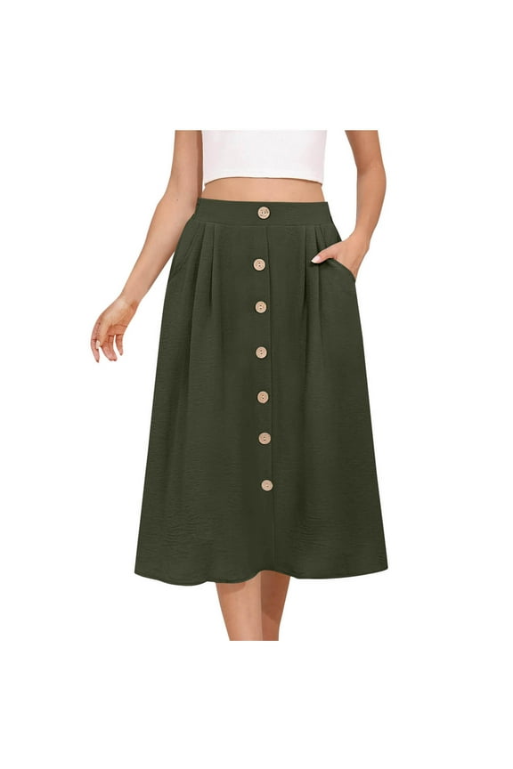 Women's Flowy Midi Skirt Summer Cute Solid Color Pleated High Waisted Casual Button Front Skirts with Pockets