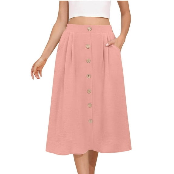 Kaemgyyd Women's Flowy Midi Skirt Summer Cute Solid Color Pleated High Waisted Casual Button Front Skirts with Pockets