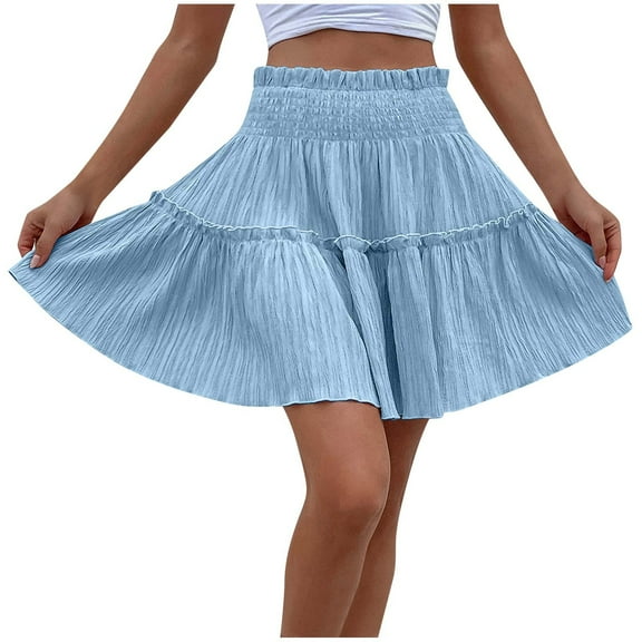 Kaemgyyd Women's Flowy Mini Skirts Fashion Textured Tiered Smock Waist Solid Color Skirt Casual A Line Beach Short Skirt